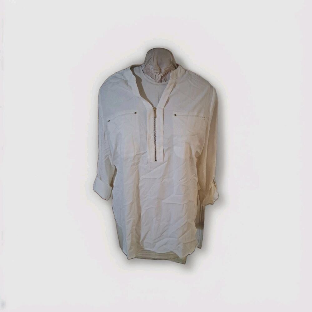 Chicos Top Silky Soft Pullover 1/4 Zip Modal Blend NWT Roll Tab Sleeves Sz. 3